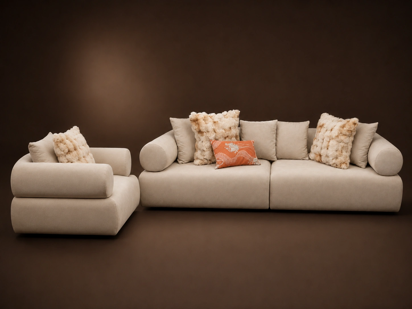 3 Seater Beige Sofa With 6 Pillows - Image 1