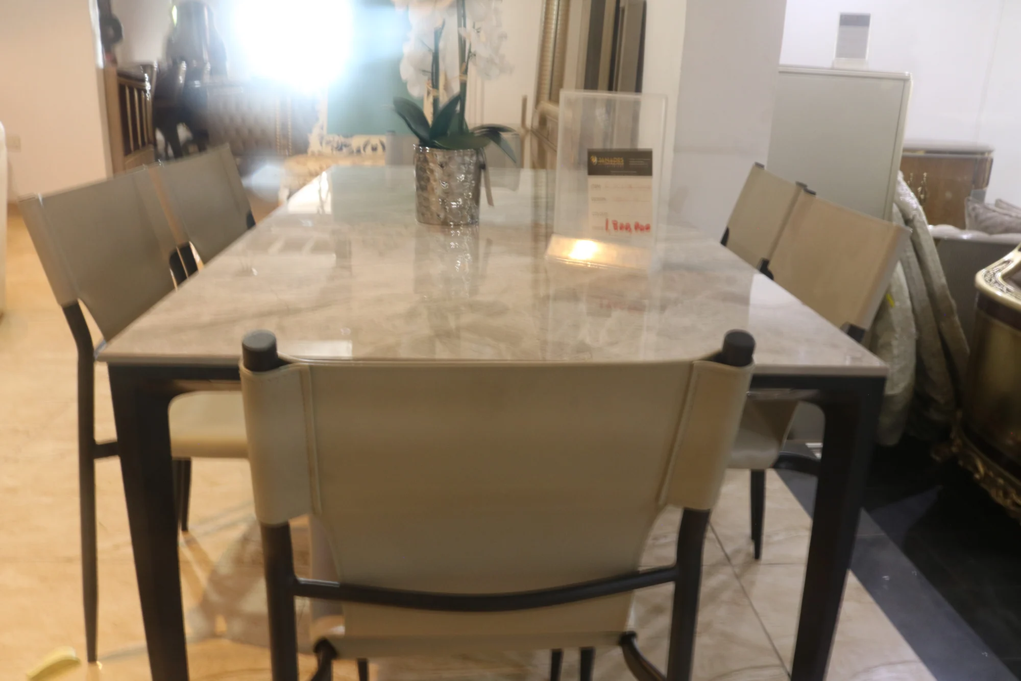 Grey Leather Chairs / Gray Marble Table Top 6 Seater Dining