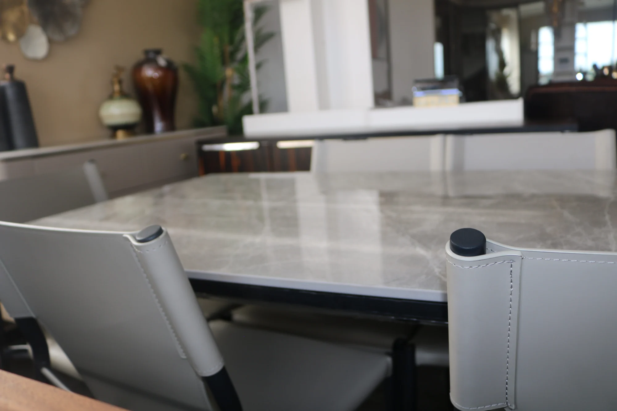 Grey Leather Chairs / Gray Marble Table Top 6 Seater Dining - Image 2