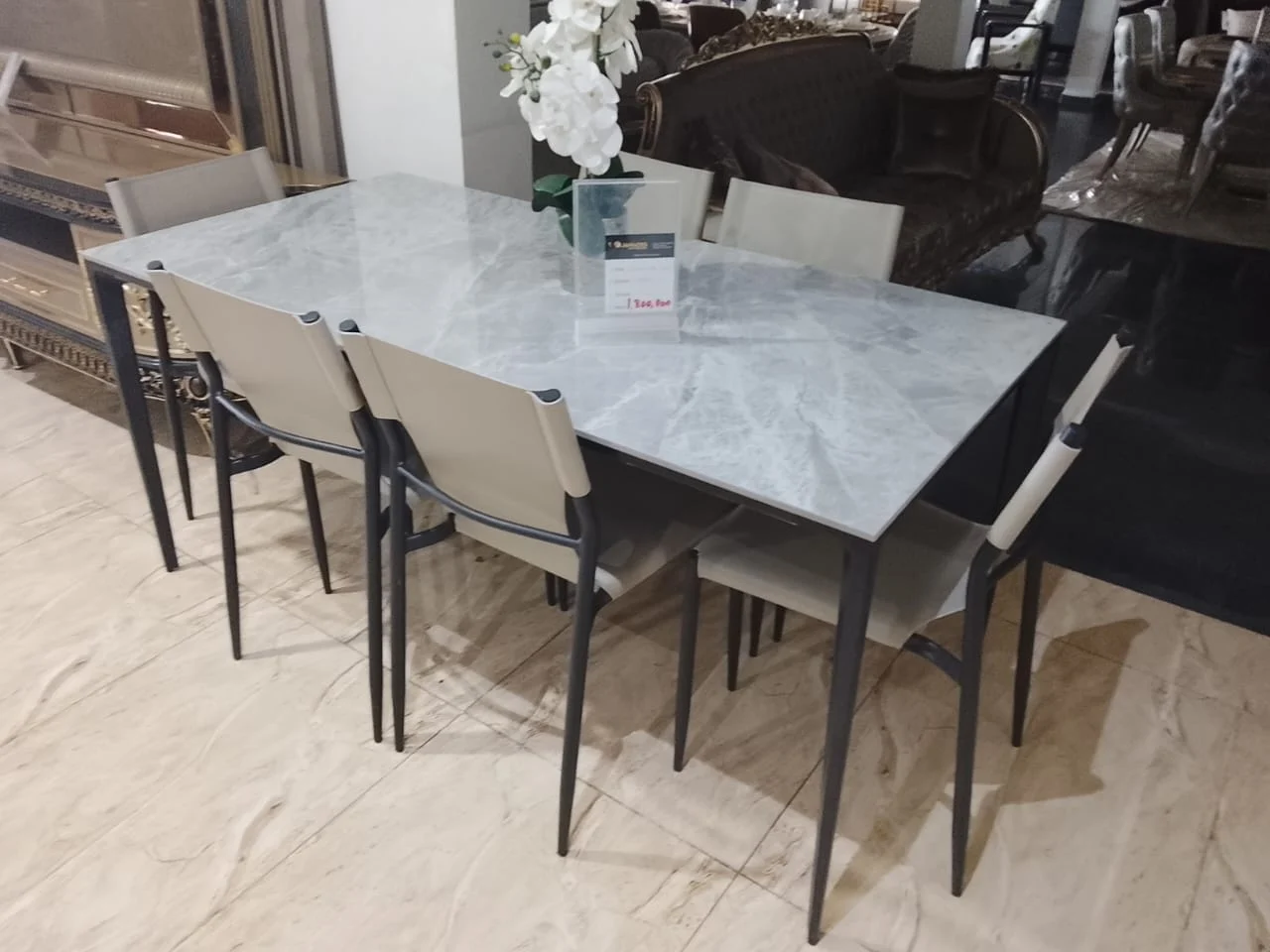 Grey Leather Chairs / Gray Marble Table Top 6 Seater Dining - Image 3