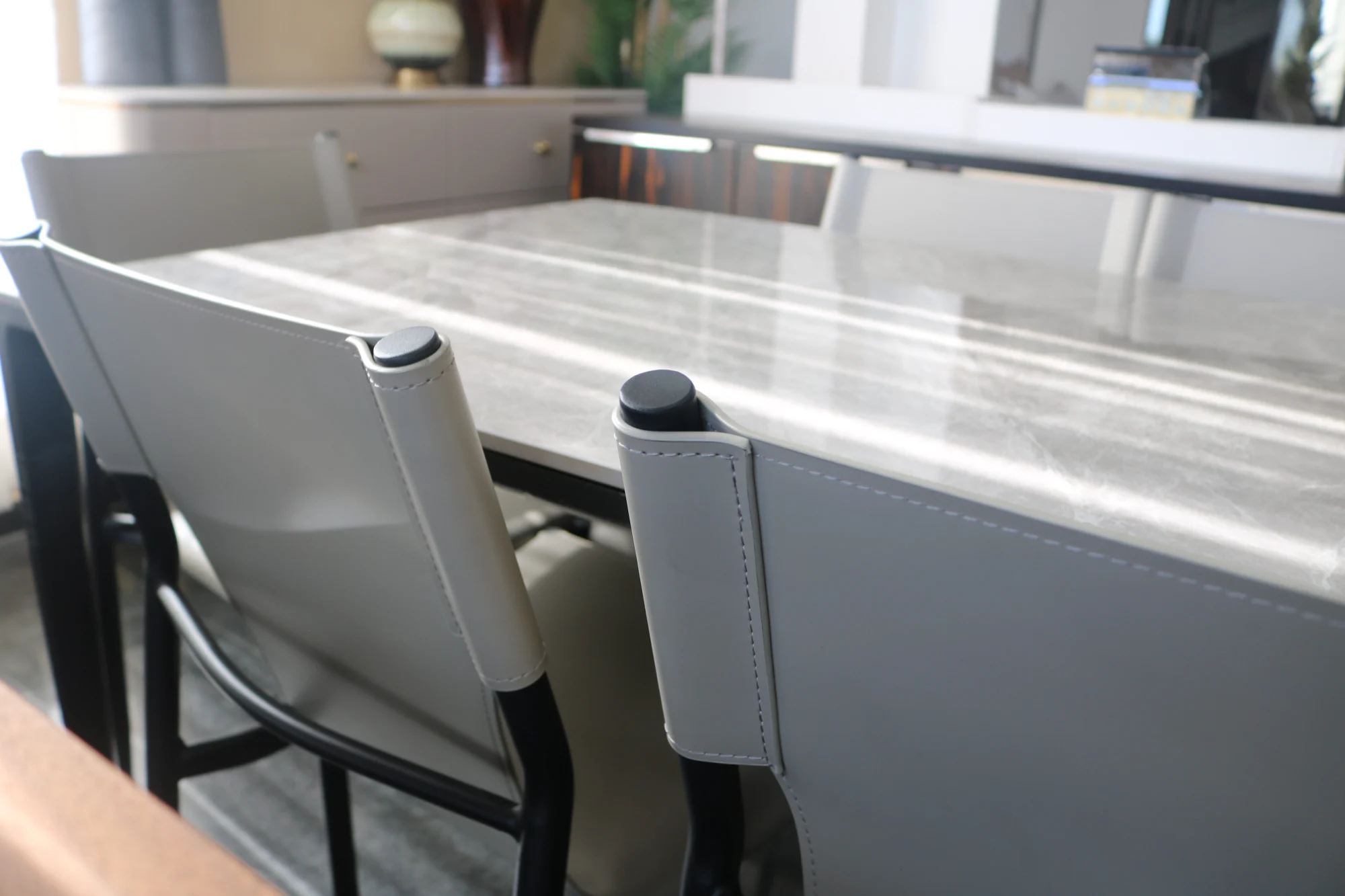 Grey Leather Chairs / Gray Marble Table Top 6 Seater Dining - Image 4