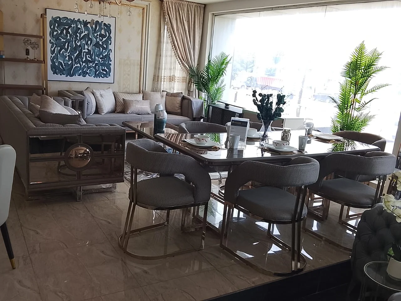 Prestige 8 Seater (3,3,1,1) Sofa Set With 6 Seater Dining, Centre Table, Console/Mirror With 13 Pill