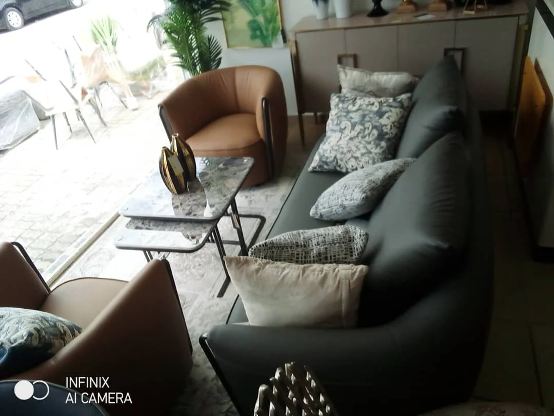 Gray and Carton Colour Leather 5 (3,1,1) Seater Sofa with 5 Pillows