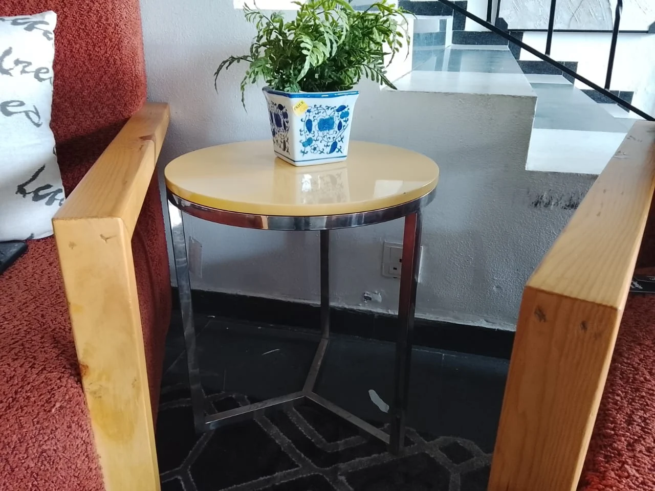 Silver and Yellow Top Round Steel Side Stool