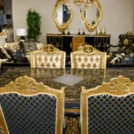 Black Gold And Cream Royal 8 Seater (3,3,1,1) Sofa Set With 6 Seater Dining Centre Table Console/Mir