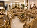 Gold And Brown Royal 8 Seater (3,3,1,1) Sofa Set With 8 Seater Dining Centre Table Console/Mirror 2