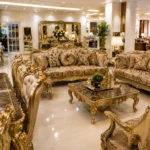 Gold And Brown Royal 8 Seater (3,3,1,1) Sofa Set With 8 Seater Dining Centre Table Console/Mirror 2