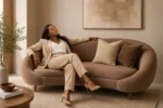 Brown Love Seat with 2 Pillows - Image 2